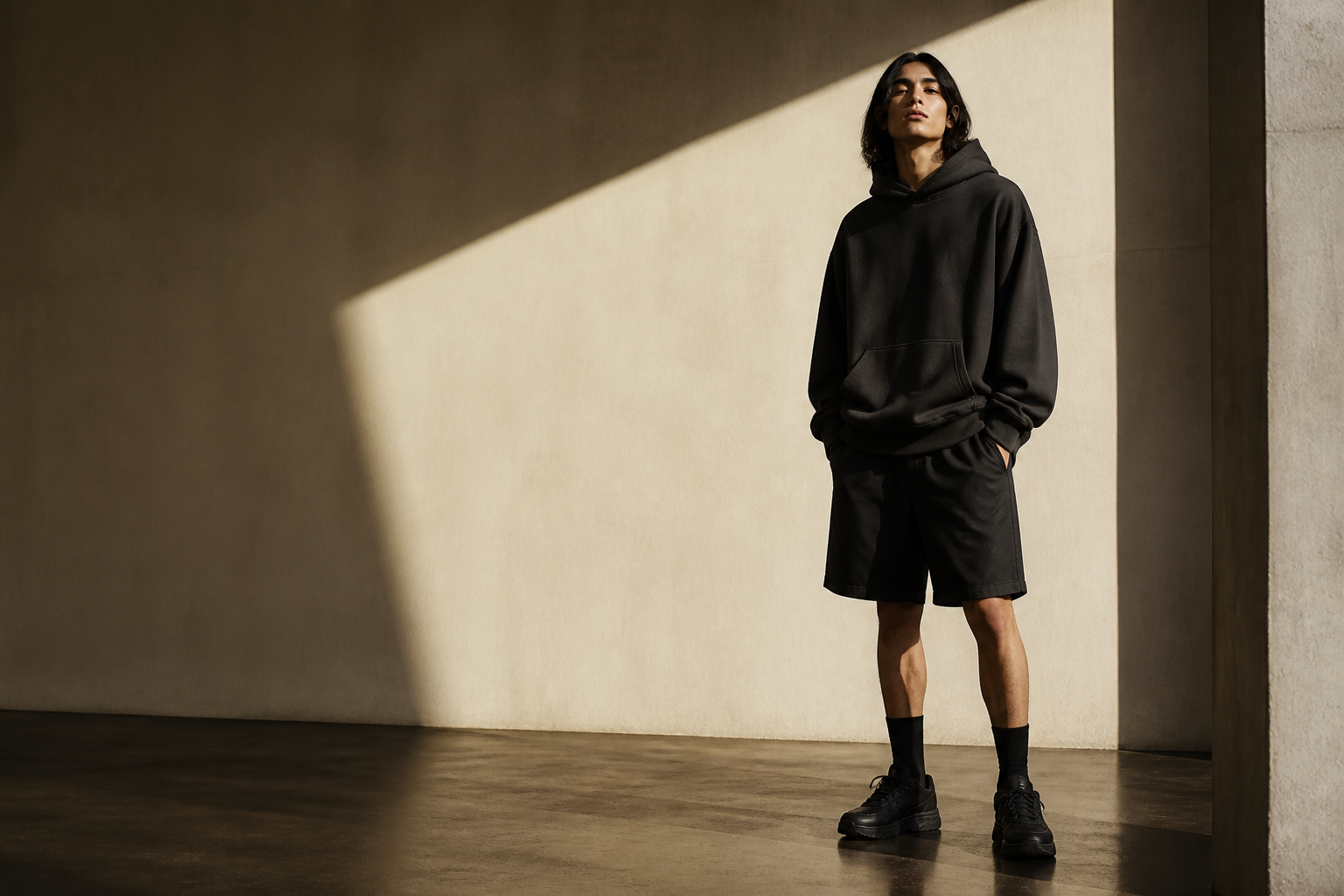 Model wearing a black oversized hoodie and shorts in an architectural studio