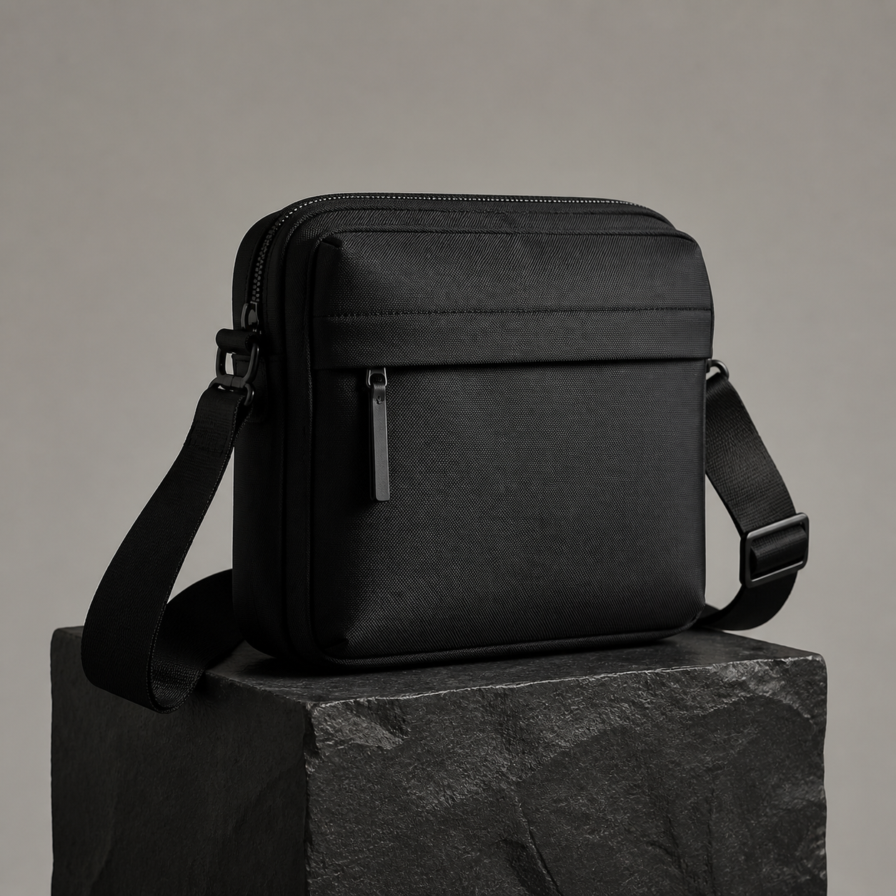 Black utility bag on a stone plinth